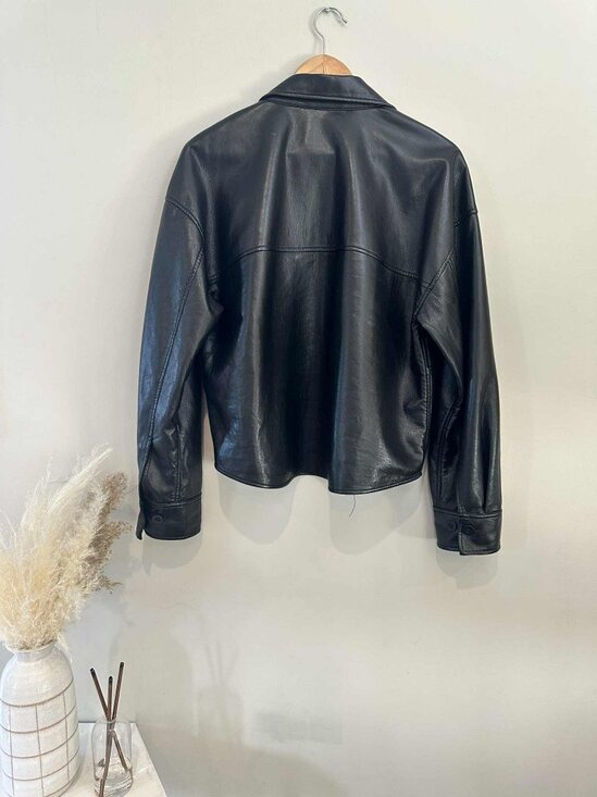 Babaton Black Faux Leather Button-Up Shirt Jacket, Size Medium - Picture 3 of 4